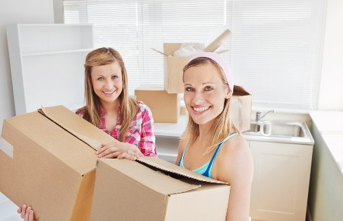 Two women with light skin and smiling expressions are preparing for a house move inside a bright, modern kitchen with white walls and large windows. They are holding a large cardboard moving box, with one woman wearing a pink and white checkered shirt, and the other dressed in a blue sleeveless top with a pink headband. Behind them, there are several other packed boxes, some open and taped shut, stacked on the kitchen countertop. The kitchen features a stainless steel sink, a small window, and minimal cabinetry. The natural daylight coming through the windows highlights the clean and tidy environment, indicative of a residential home in Putney. This scene reflects typical house removal activities undertaken by Putney Man with Van, including packing and organizing household items in preparation for relocation from a London suburb, supporting local SEO signals for house removals and moving services in the area.